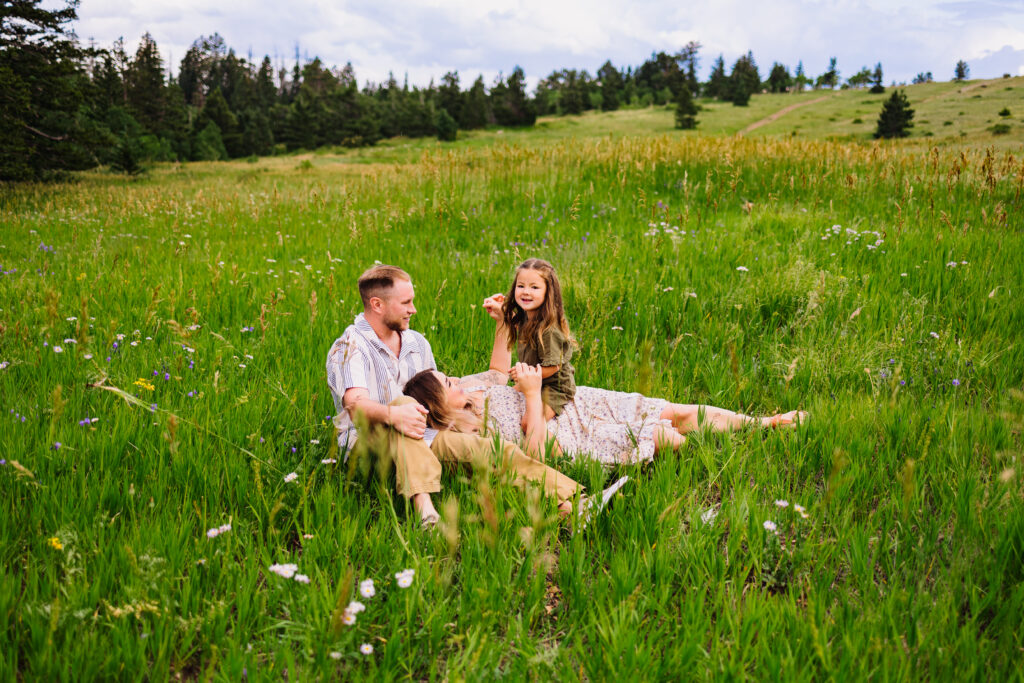 albuquerque family photographer a family of three sits in a mountain meadow surrounded by wildflowers